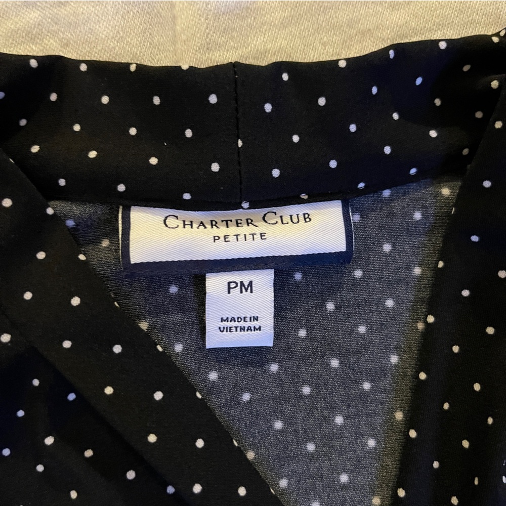Charter Club Petite Medium Black and white polka dots blouse, soft V-neck - Picture 2 of 3
